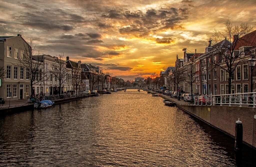 waterway, channel, holland, houses, sunset, nature, water, flow, hdr